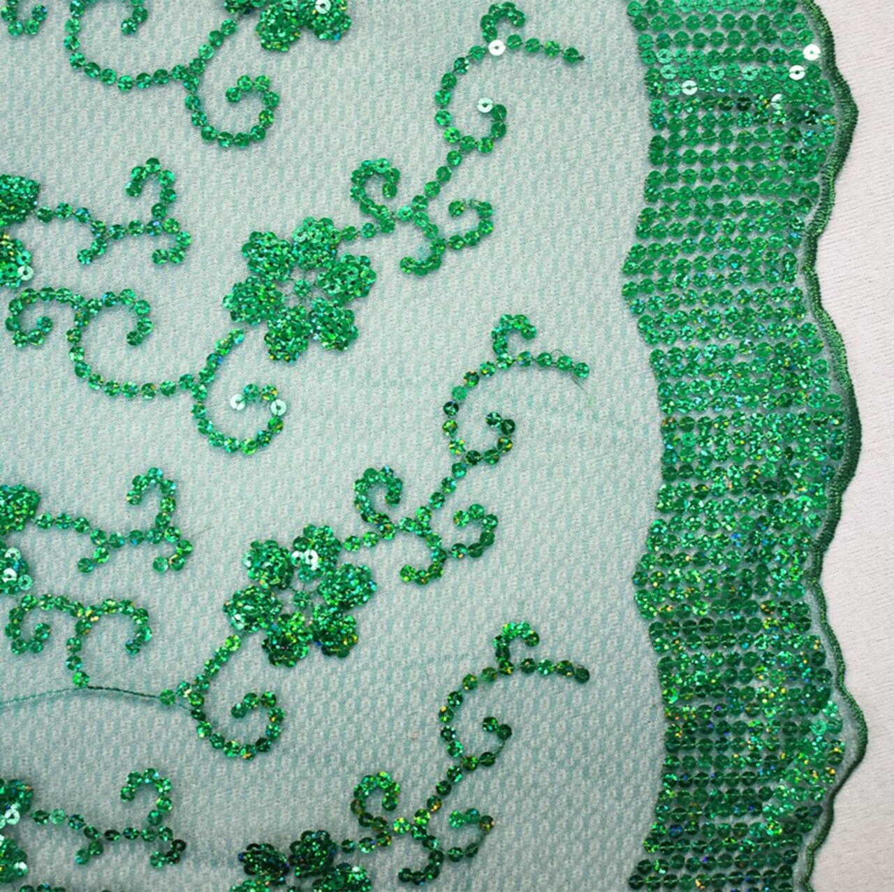 Green Nylon Embroidered Floral Sequin Scallop Tulle Mesh Fabric By the Yard